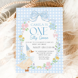 Invitación Blue Silly Goose Floral Gingham Primer Cumpleaños