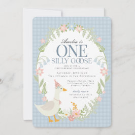 Invitación Blue Silly Goose Floral Gingham Primer Cumpleaños