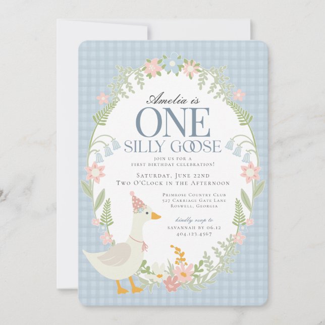 Invitación Blue Silly Goose Floral Gingham Primer Cumpleaños (Anverso)