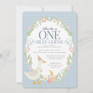 Invitación Blue Silly Goose Floral Gingham Primer Cumpleaños