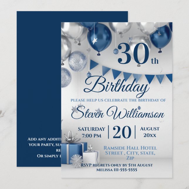Invitación Blue Silver 30° cumpleaños (Anverso / Reverso)