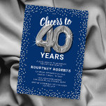 Invitación Blue Silver 40° cumpleaños<br><div class="desc">Elegante invitación para fiestas de 40 años con un elegante fondo azul que se puede cambiar a cualquier color,  purpurina brillante de plata,  cuarenta globos de hellio de plata y una moderna plantilla de texto de celebración de 40 años que es fácil de personalizar.</div>