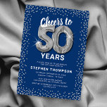 Invitación Blue Silver 50° cumpleaños<br><div class="desc">Elegante invitación de fiesta de 50 años con un elegante fondo azul que se puede cambiar a cualquier color,  purpurina brillante de plata,  cincuenta globos de hellio de plata y una plantilla de texto moderna de celebración de 50 años que es fácil de personalizar.</div>