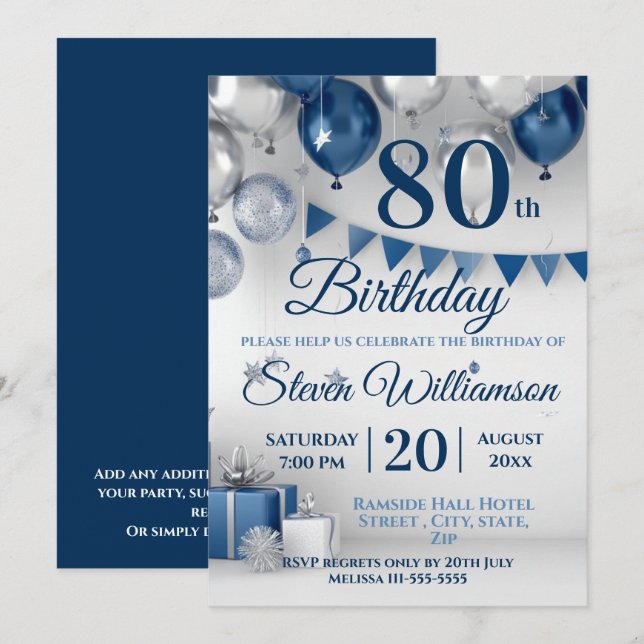 Invitación Blue Silver 80° cumpleaños (Anverso / Reverso)