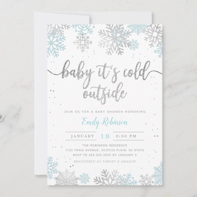 Invitación Blue Silver Baby It's Cold Outside Boy Baby Shower (Anverso)