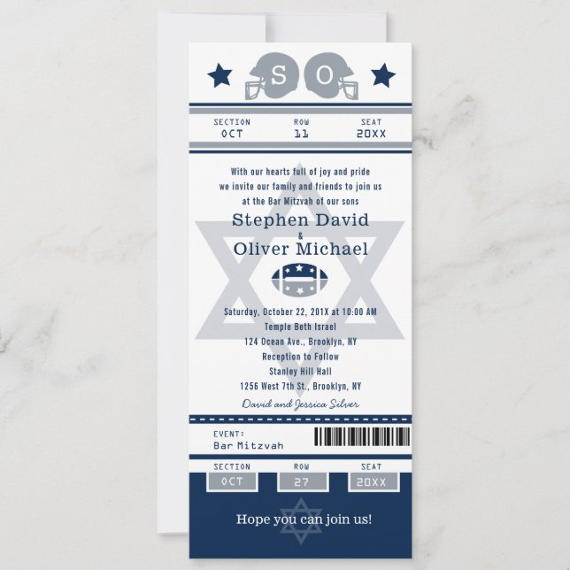 Invitación Blue Silver Bar Mitzvah para el Ticket de los Twin (Anverso)
