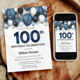 Invitación Blue Silver Black & White 100 cumpleaños