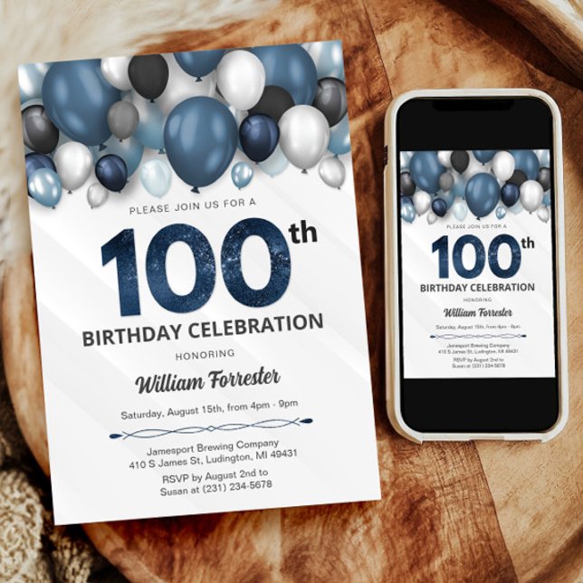 Invitación Blue Silver Black & White 100 cumpleaños (Blue Silver Black & White 100th Birthday Invitation)