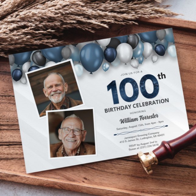 Invitación Blue Silver Black & White 100th Birthday 2 Photo (Blue Silver Black & White 100th Birthday 2 Photo Invitation)
