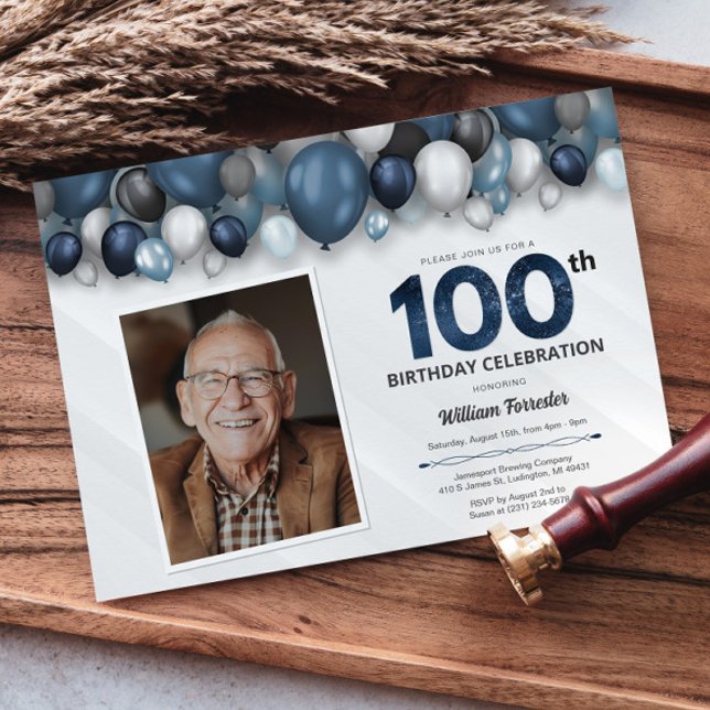 Invitación Blue Silver Black & White 100th Birthday Photo (Blue Silver Black & White 100th Birthday Photo Invitation)