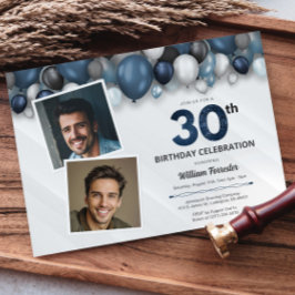 Invitación Blue Silver Black & White 30th Birthday Photo