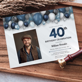 Invitación Blue Silver Black & White 40th Birthday Photo