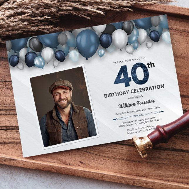 Invitación Blue Silver Black & White 40th Birthday Photo (Blue Silver Black & White 40th Birthday Photo Invitation)