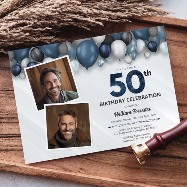 Invitación Blue Silver Black & White 50th Birthday 2 Photo (Blue Silver Black & White 50th Birthday 2 Photo Invitation)