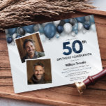 Invitación Blue Silver Black & White 50th Birthday 2 Photo<br><div class="desc">¡Haz una declaración audaz para tu próximo cumpleaños con nuestra suite de invitaciones blancas y negras Blue Silver! Fijar el tono para una celebración elegante e inolvidable con este tema que combina elegancia clásica.</div>