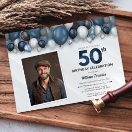 Invitación Blue Silver Black & White 50th Birthday Photo