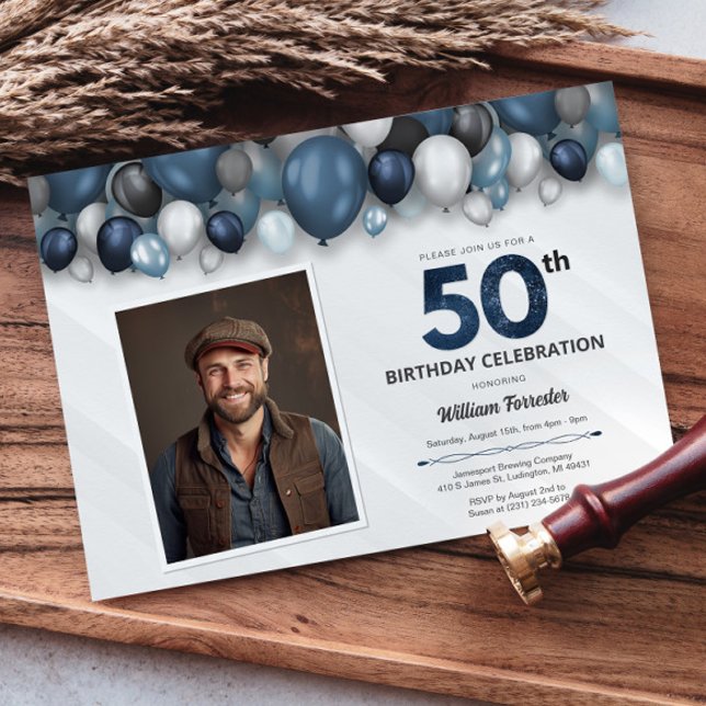 Invitación Blue Silver Black & White 50th Birthday Photo (Blue Silver Black & White 50th Birthday Photo Invitation)