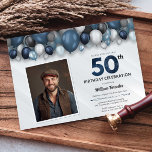 Invitación Blue Silver Black & White 50th Birthday Photo<br><div class="desc">¡Haz una declaración audaz para tu próximo cumpleaños con nuestra suite de invitaciones blancas y negras Blue Silver! Fijar el tono para una celebración elegante e inolvidable con este tema que combina elegancia clásica.</div>