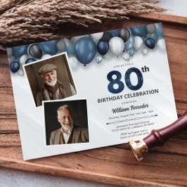 Invitación Blue Silver Black & White 80th Birthday 2 Photo