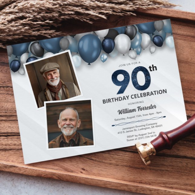 Invitación Blue Silver Black & White 90th Birthday 2 Photo (Blue Silver Black & White 90th Birthday 2 Photo Invitation)