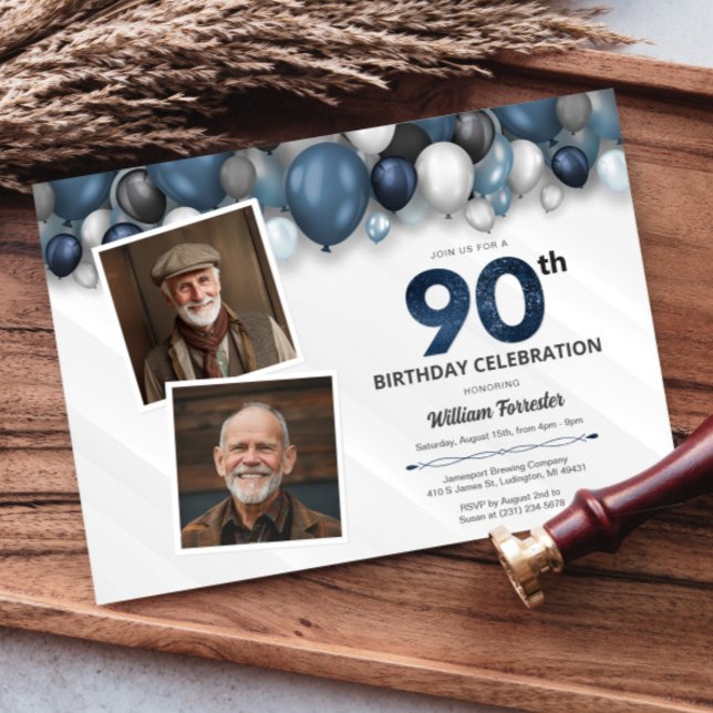 Invitación Blue Silver Black & White 90th Birthday 2 Photo (Blue Silver Black & White 90th Birthday 2 Photo Invitation)