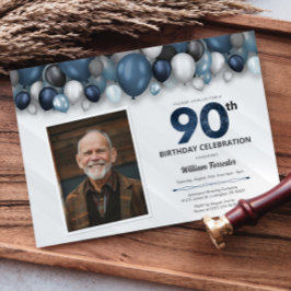 Invitación Blue Silver Black & White 90th Birthday Photo