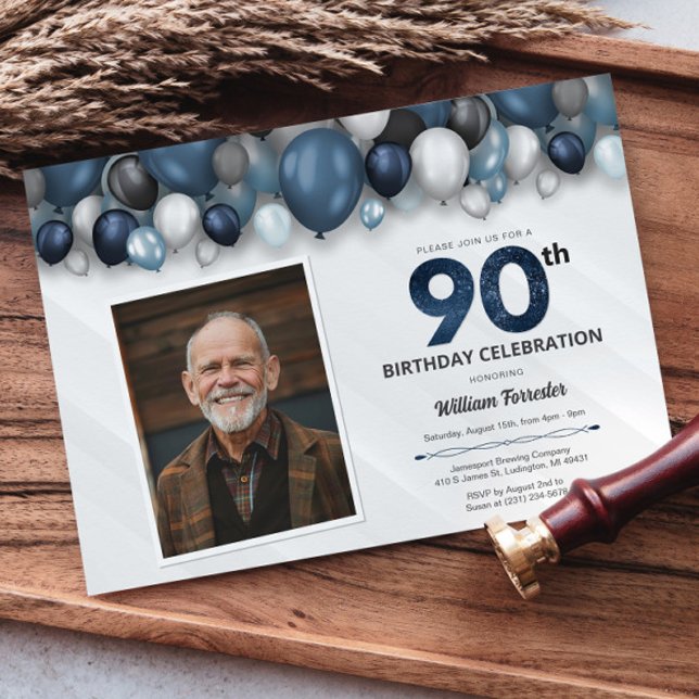 Invitación Blue Silver Black & White 90th Birthday Photo (Blue Silver Black & White 90th Birthday Photo Invitation)
