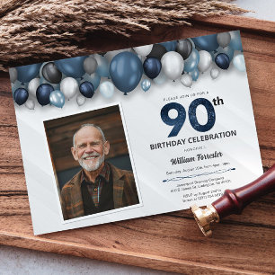 Invitación Blue Silver Black & White 90th Birthday Photo