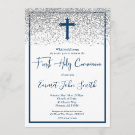 Invitación Blue Silver Boy es la primera comunión sagrada