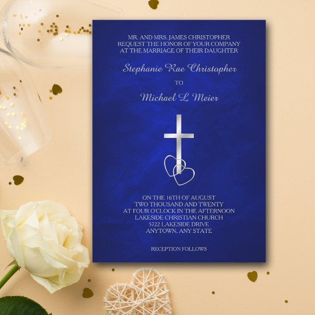 Invitación Blue Silver Christian Cross Wedding Invitation (Subido por el creador)