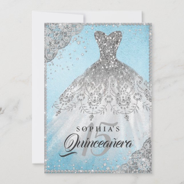 Invitación Blue Silver Diamond Lace Sparkle Gown Quinceanera (Anverso)