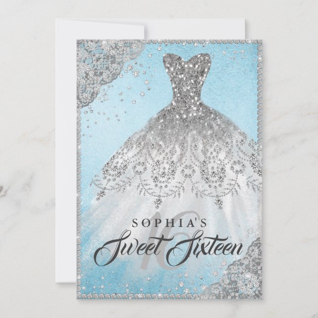 Invitación Blue Silver Diamond Sparkle Gown Sweteen (Anverso)