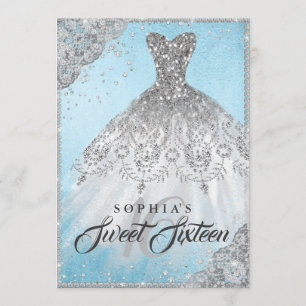 Invitación Blue Silver Diamond Sparkle Gown Sweteen