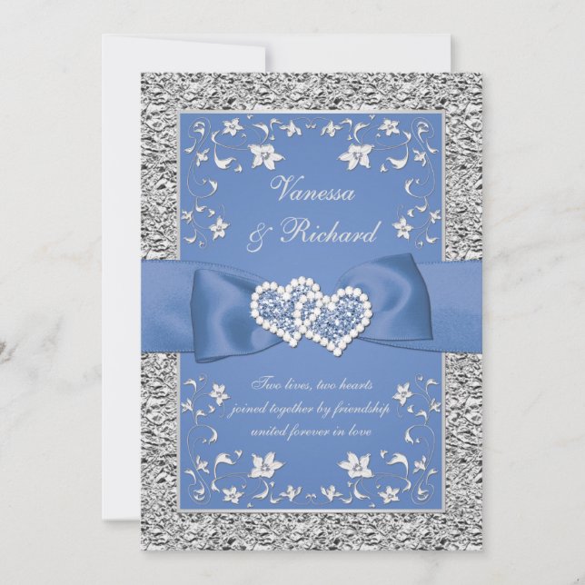 Invitación Blue Silver Floral Hearts FAUX Relieve metalizado  (Anverso)