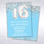 Invitación Blue Silver Light Sweet 16th Birthday Party<br><div class="desc">Invitación a la fiesta de cumpleaños 16,  dulce y azul claro y plata,  invitación a la fiesta de cumpleaños 16 para un niño o chica con escritura moderna y globos de Relieve metalizado divertido.</div>