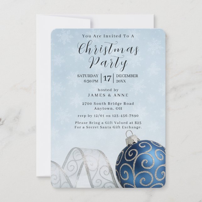 Invitación Blue & Silver Ornament Christmas Party Invitation (Anverso)