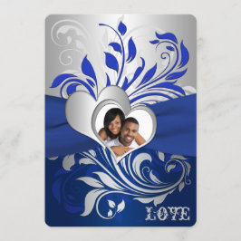 Invitación Blue, Silver Scrolls, Hearts Photo Wedding Invite