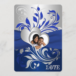 Invitación Blue, Silver Scrolls, Hearts Photo Wedding Invite