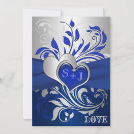 Invitación Blue, Silver Scrolls, Hearts Wedding Invitation