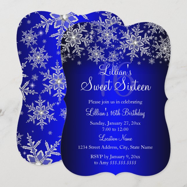 Invitación Blue Silver Snowflake Sweet 16 (Anverso / Reverso)