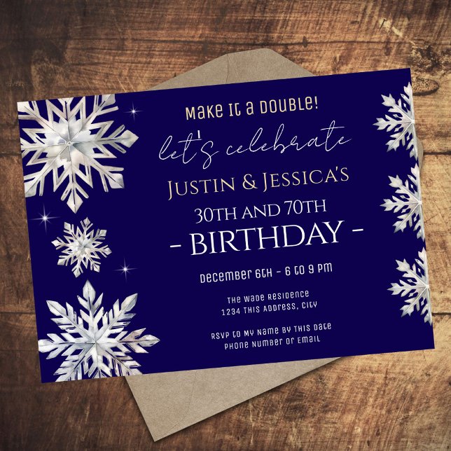Invitación Blue Silver Snowflakes Fiesta de cumpleaños doble (Subido por el creador)