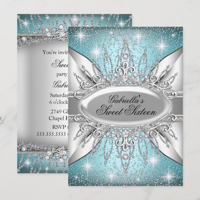 Invitación Blue & Silver Sparkle Diamond Sweet 16 Invite (Anverso / Reverso)