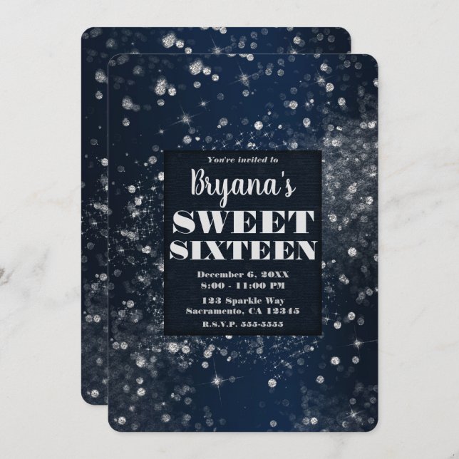Invitación Blue Silver Sparkling Luces Glam Sweet 16 Fiesta (Anverso / Reverso)