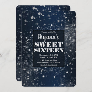 Invitación Blue Silver Sparkling Luces Glam Sweet 16 Fiesta
