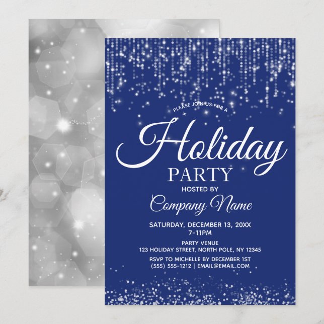 Invitación Blue Silver String ilumina la fiesta navideña corp (Anverso / Reverso)