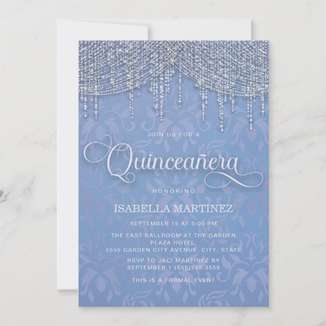 Invitación Blue Silver String Luces Damask Quinceañera (Anverso)