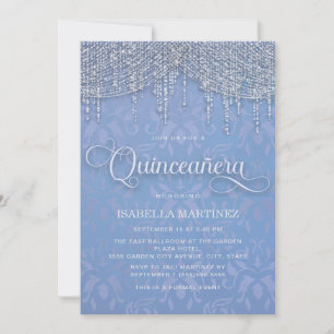 Invitación Blue Silver String Luces Damask Quinceañera