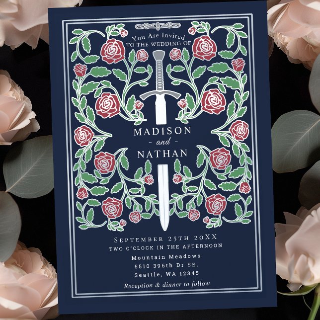 Invitación Blue Silver Sword Floral Medieval Fantasy Wedding (Subido por el creador)