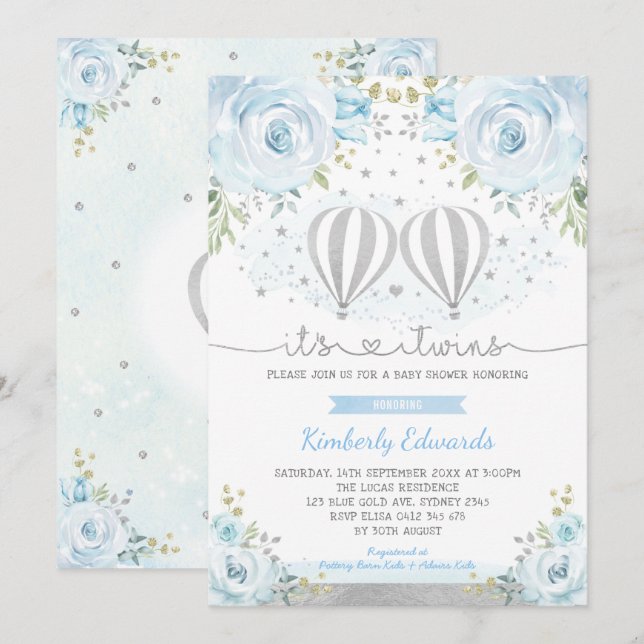 Invitación Blue Silver Twins Boys Hot Air Balloon Baby Shower (Anverso / Reverso)