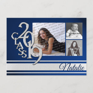 Invitación Blue Silver Varsity 3 Foto De Graduación 2019